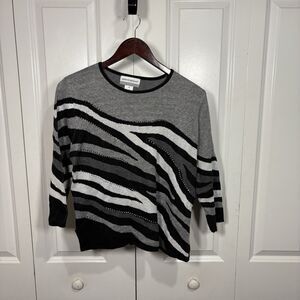 Alfred Dunner Women's PM Zebra Stripe Sweater Women Gray Black White Knit Chic